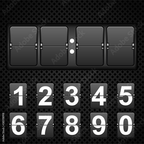 Numbers from Mechanical Scoreboard; Flip countdown clock counter; White digit on black board; Countdown flip board with Scoreboard on a beautiful background. Vector illustration. EPS 10