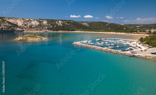 Aerial panorama of Rajska beach on the Rab island in Croatia. Paradise beach on the island of Rab in Croatia - the largest sandy beach in Lopar. © Michal