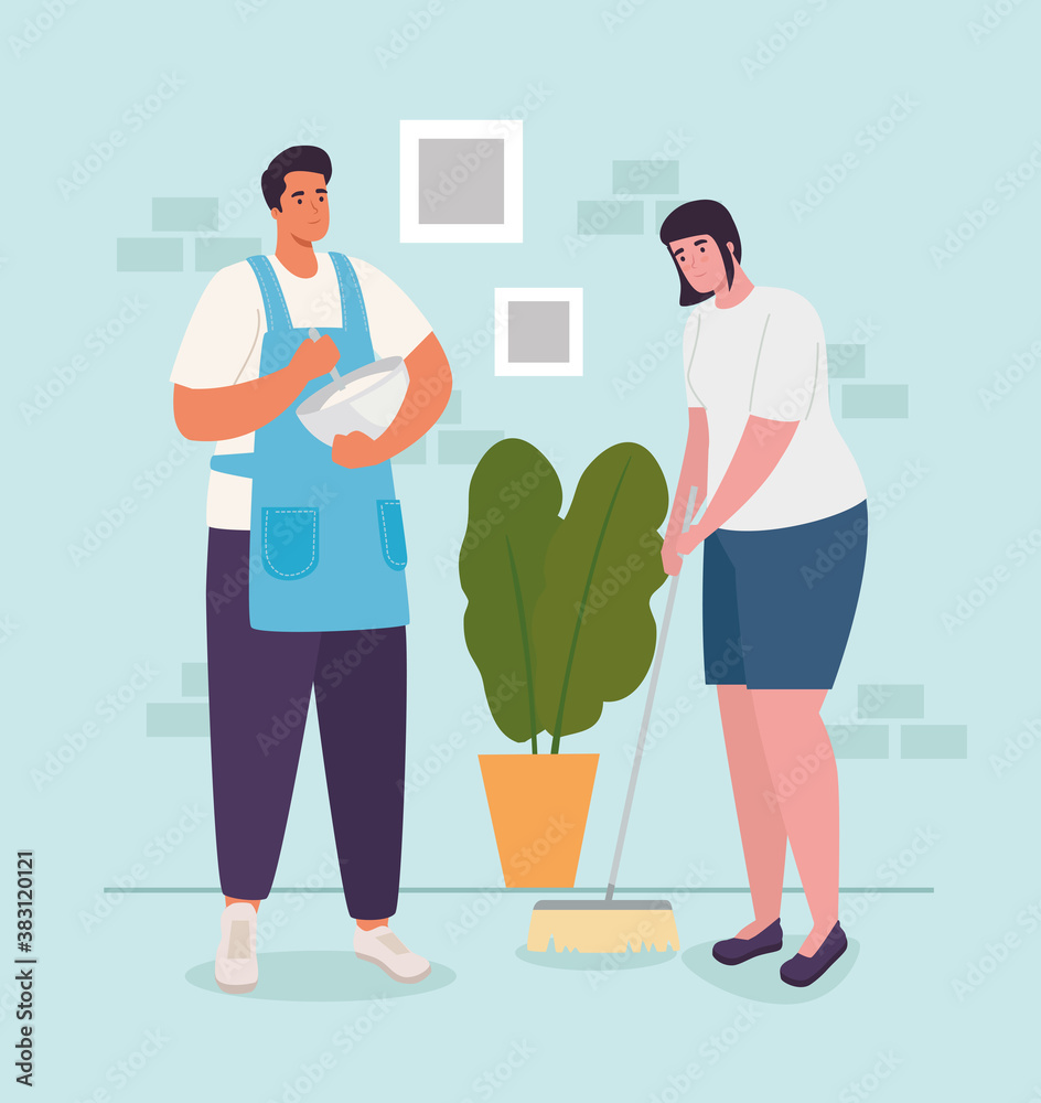 woman and man at home cooking and sweeping design of Activity and leisure theme Vector illustration woman and man at home cooking and sweeping design of Activity and leisure theme Vector illustration