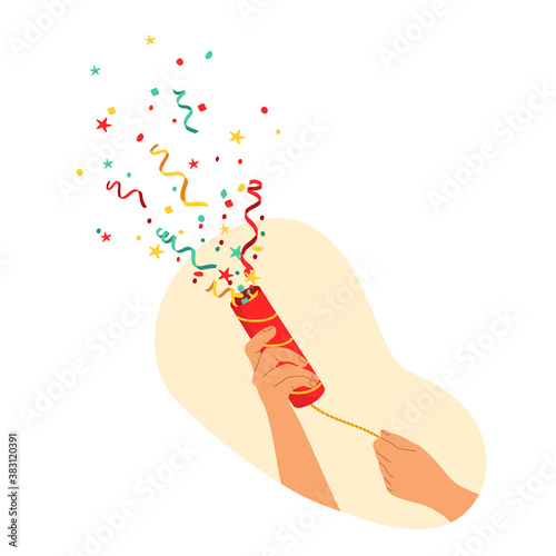 Two hands shooting confetti slapstick on a white background. Christmas, new year, holiday, birthday, congratulation, winner, draw, party. Isolated vector cartoon illustration photo
