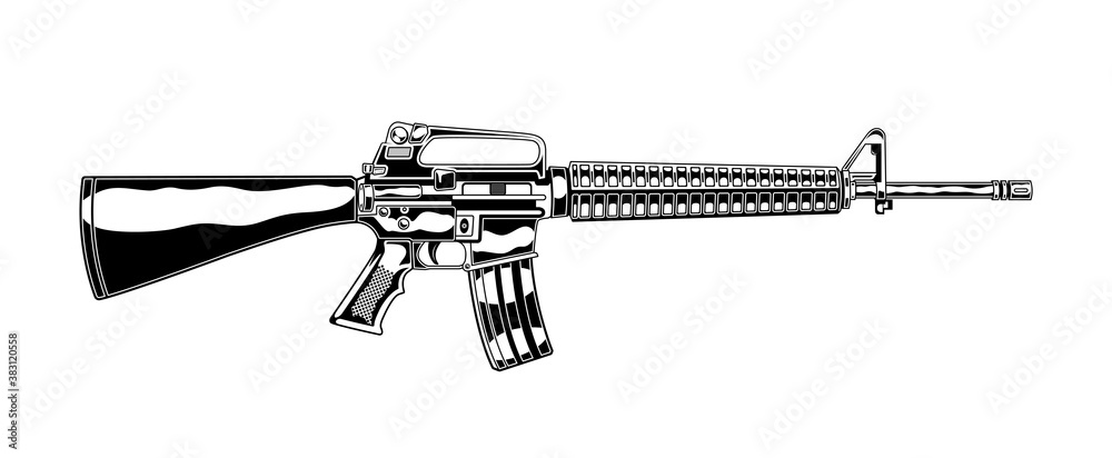 Vintage monochrome detailed illustration of m 16 assault rifle