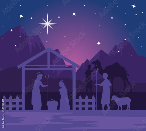 merry christmas nativity mary joseph baby and shepheard design, winter season and decoration theme Vector illustration