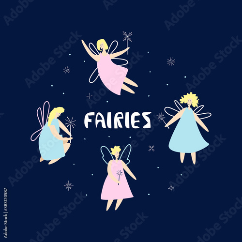 Set of fairies on white background. Fairytale characters with the flat style. Vector illustration  for children