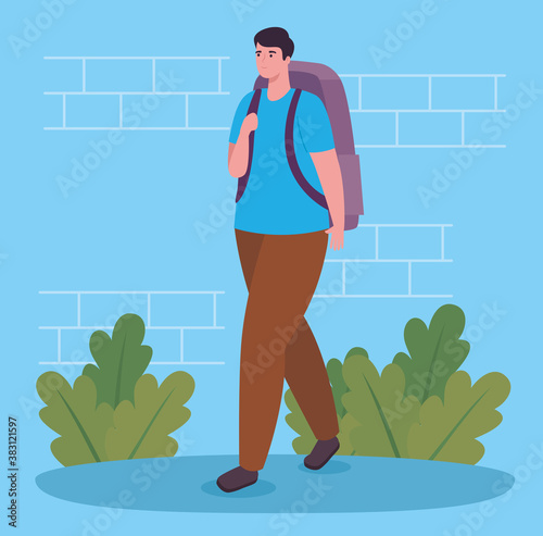 man walking with bag and shrubs design, Outdoor activity and season theme Vector illustration