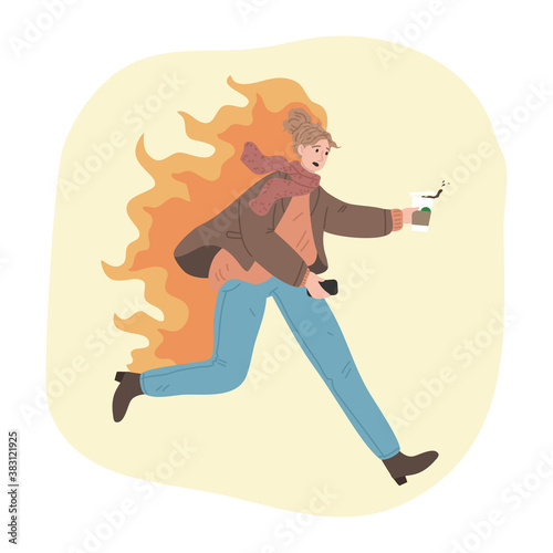 Stressed woman being late with coffee and burning with lack of time