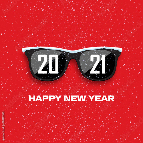 Black hipster glasses on snowfall background. 2021 Happy New Year and Merry Christmas.