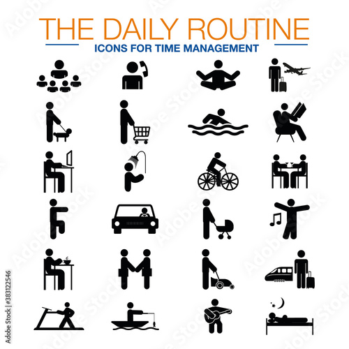 The Daily Routine icons for Time Management. Set of people with different occupation vector illustration