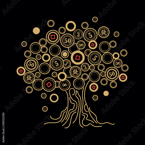 Money tree as a symbol of prosperity and material well-being. Oriental traditional coins. Vector illustration.