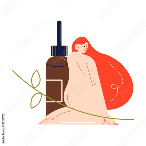 Naked red haired woman sitting near bottle with natural organic cosmetics