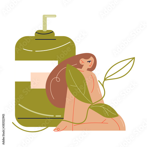 Naked woman in herbs sitting near bottle with natural organic cosmetics