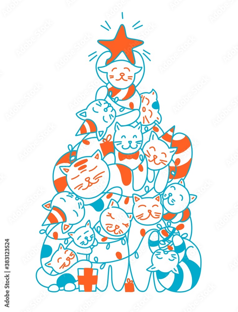 Stylish holiday card with cute cats in vector. Bright cartoon background with christmas tree with cats. flat style Stylish holiday card with cute cats in vector. Bright cartoon background with christmas tree with cats. flat style