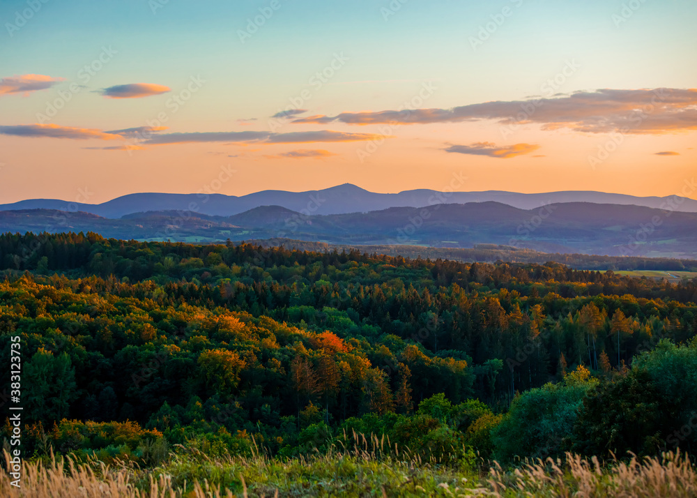 View at Sudetes Mountains in sunset time in autumn.