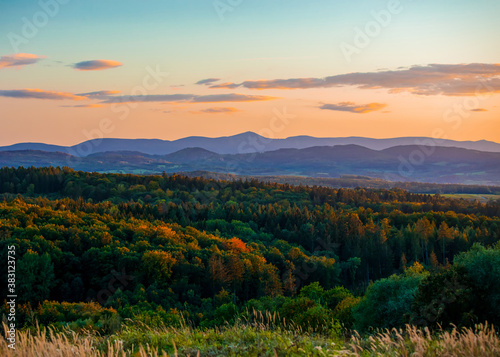 View at Sudetes Mountains in sunset time in autumn.