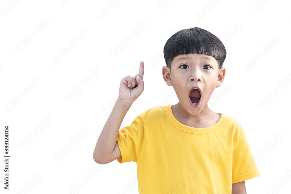 Little asian boy thinking and pointing finger up. Asian Child looking excited and surprised isolated on white background. Little asian boy thinking and pointing finger up. Asian Child looking excited and surprised isolated on white background.