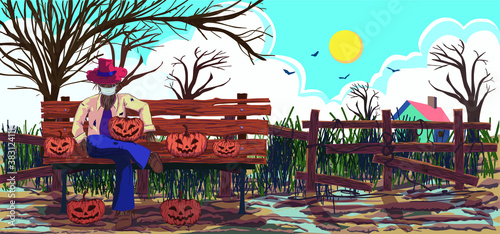 A scarecrow wear mask and dress like a farmer sits on a bench with five pumpkins with background fields and blue sky decorate for halloween party celebration , illustration picture. 