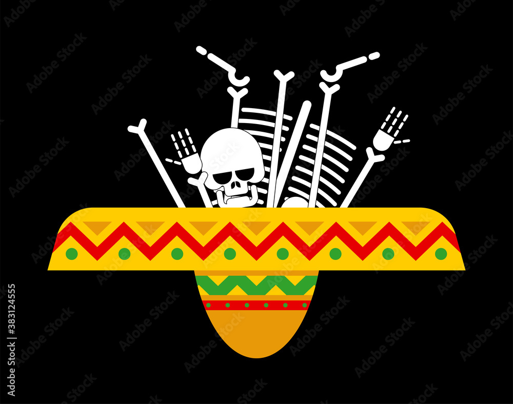 Bones in sombrero. Day of dead in mexico sign. Dia de los Muertos Mexican holiday symbol
