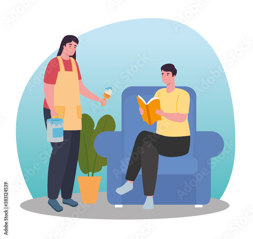 woman and man painting and reading at home design of Activity and leisure theme Vector illustration © Gstudio