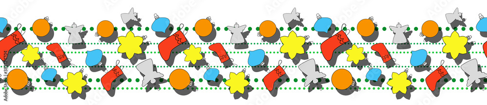 Fototapeta premium New years pattern with a Christmas toys, consisting of a Christmas sock, ball, star, angel with white background. Ideal lines for poster, sale, greeting cards, product, print.