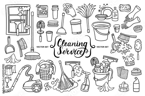 Vector set with hand drawn doodles on the theme of cleaning services, putting things in order, purity. Cartoon sketches
