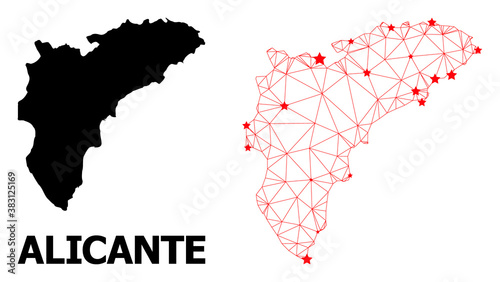 2D polygonal and solid map of Alicante Province. Vector structure is created from map of Alicante Province with red stars. Abstract lines and stars are combined into map of Alicante Province.