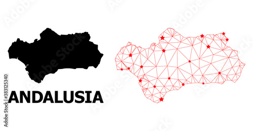 2D polygonal and solid map of Andalusia Province. Vector model is created from map of Andalusia Province with red stars. Abstract lines and stars are combined into map of Andalusia Province.