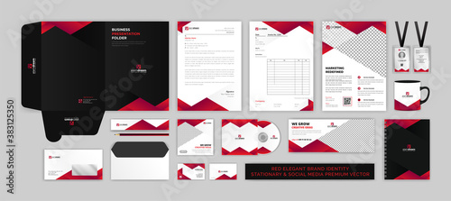 BRAND identity stationary & SOCIAL MEDIA modern Premium Vector design template set for corporate, office, finance and food industry with elegant red color easy to edit