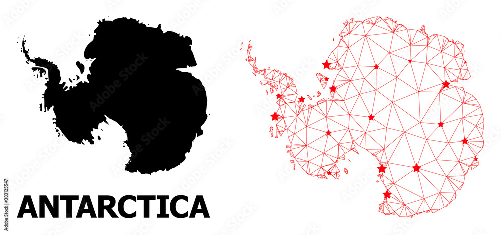 Obraz premium Wire frame polygonal and solid map of Antarctica. Vector structure is created from map of Antarctica with red stars. Abstract lines and stars form map of Antarctica.