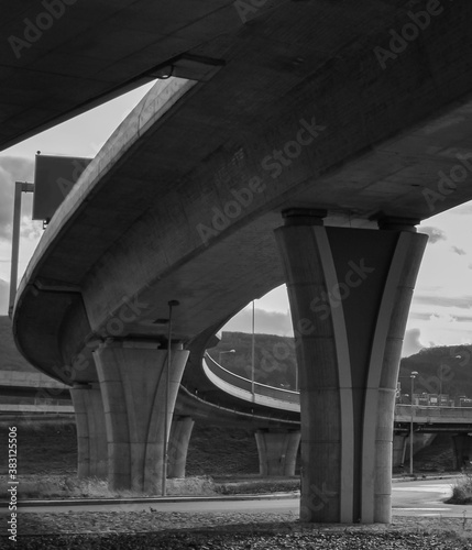 Detail of the bottom view of the exit of Radotinsky Most, black and white, near Prague, Czech Republic