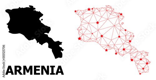 Network polygonal and solid map of Armenia. Vector structure is created from map of Armenia with red stars. Abstract lines and stars are combined into map of Armenia.