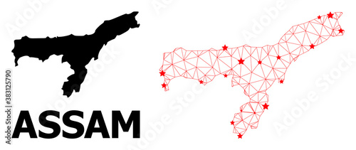 2D polygonal and solid map of Assam State. Vector model is created from map of Assam State with red stars. Abstract lines and stars are combined into map of Assam State.