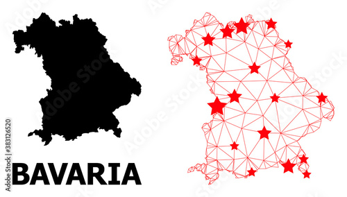 Wire frame polygonal and solid map of Bavaria State. Vector model is created from map of Bavaria State with red stars. Abstract lines and stars are combined into map of Bavaria State.