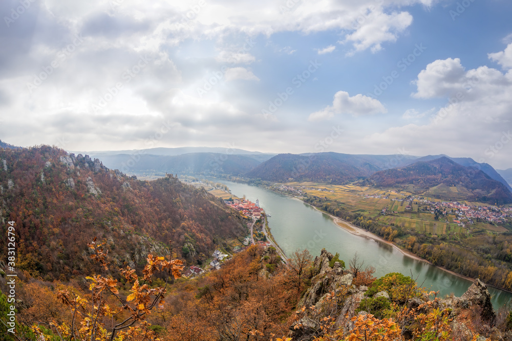 Panorama of Duernstein village with castle and Danube river during autumn in Austria