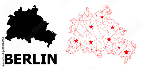 Mesh polygonal and solid map of Berlin City. Vector structure is created from map of Berlin City with red stars. Abstract lines and stars form map of Berlin City.
