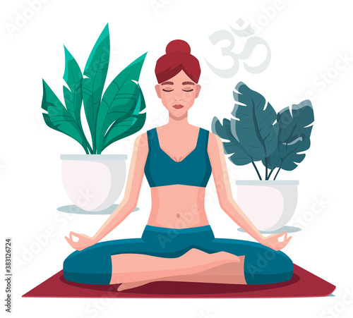 Woman sitting in lotus position practicing meditation. Yoga girl vector flat illustration.