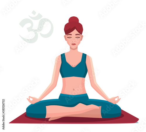 Woman sitting in lotus position practicing meditation. Yoga girl vector flat illustration.