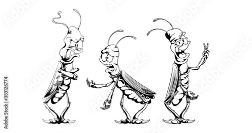 set of funny cockroaches in black and white style