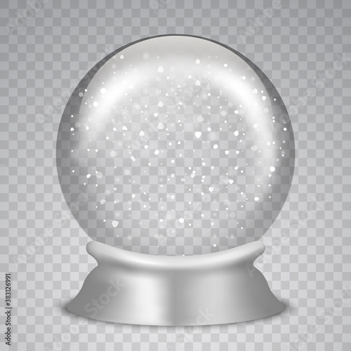 Christmas snow globe on transparent background. Glass sphere. Vector illustration.