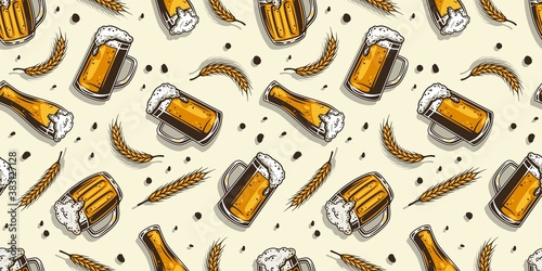 Colored seamless pattern wallpaper with craft beer mug with foam, bavarian barley for retro bar design