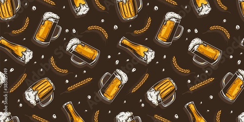 Colored seamless pattern wallpaper with craft beer mug with foam, bavarian barley for retro bar design