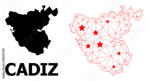 Wire frame polygonal and solid map of Cadiz Province. Vector model is created from map of Cadiz Province with red stars. Abstract lines and stars form map of Cadiz Province. photo