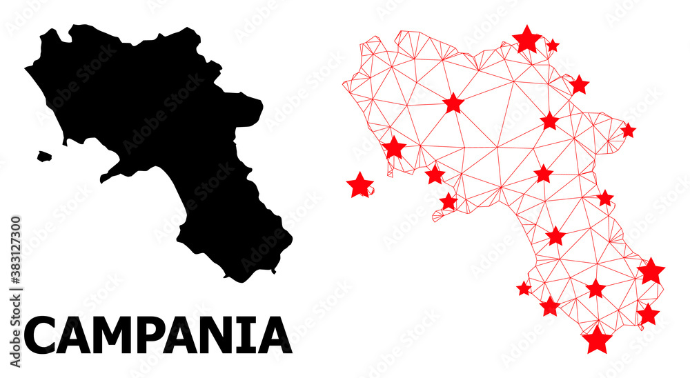 Network polygonal and solid map of Campania region. Vector model is created from map of Campania region with red stars. Abstract lines and stars form map of Campania region.