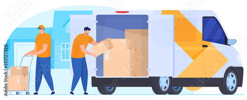 Delivery service. Couriers unload parcels from the car. Vector illustration