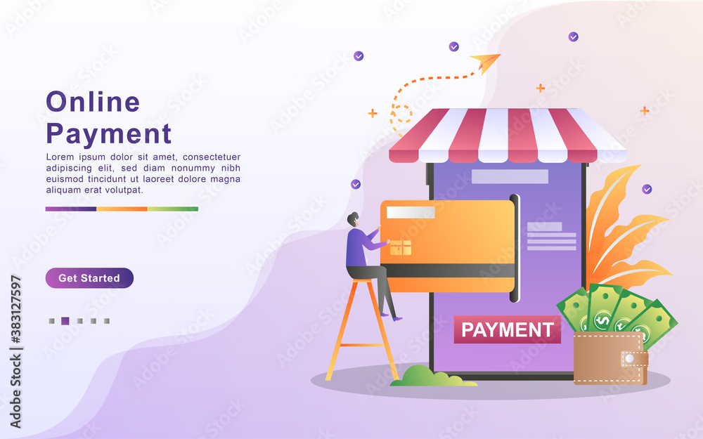 Fototapeta premium Online payment concept vector illustration. mobile payment or money transfer concept. E-commerce market shopping online illustration with tiny people character. Template for landing page, banner, ui.