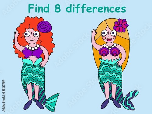 Find 8 differences mermaid girls stocl vector illustration. Cartoon carnival costume mermaid two young girls smiling and waving hands. Funny educational children game for printing photo