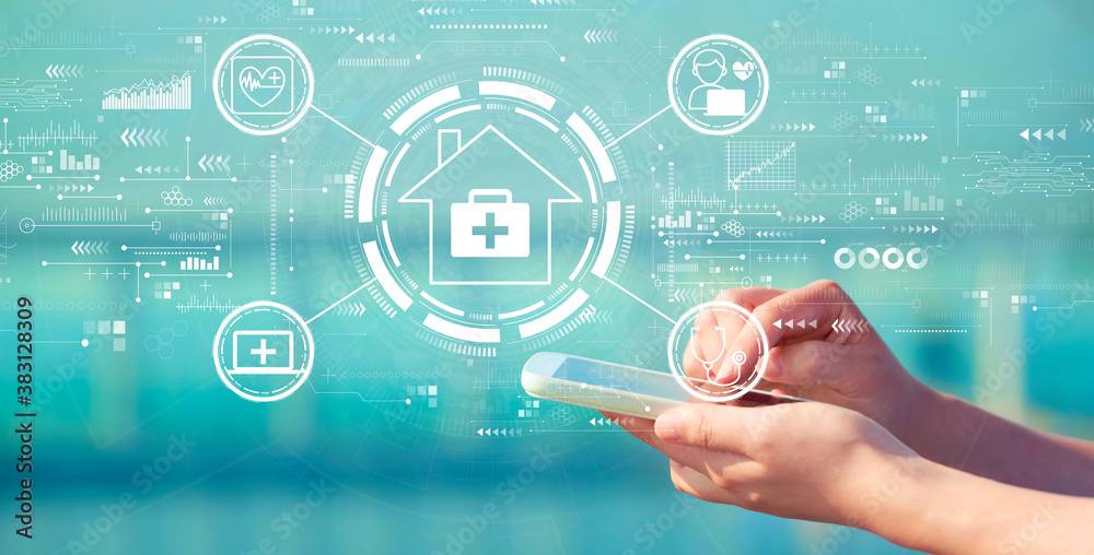 Telehealth theme with person holding a white smartphone