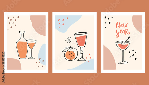 Set of abstract New Year cards. Still life. Modern Art. Vector illustration in pastel colors.