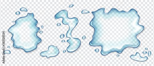 Fotografia Realistic Water spill puddles top view set, aqua liquid splashes with scattered drops