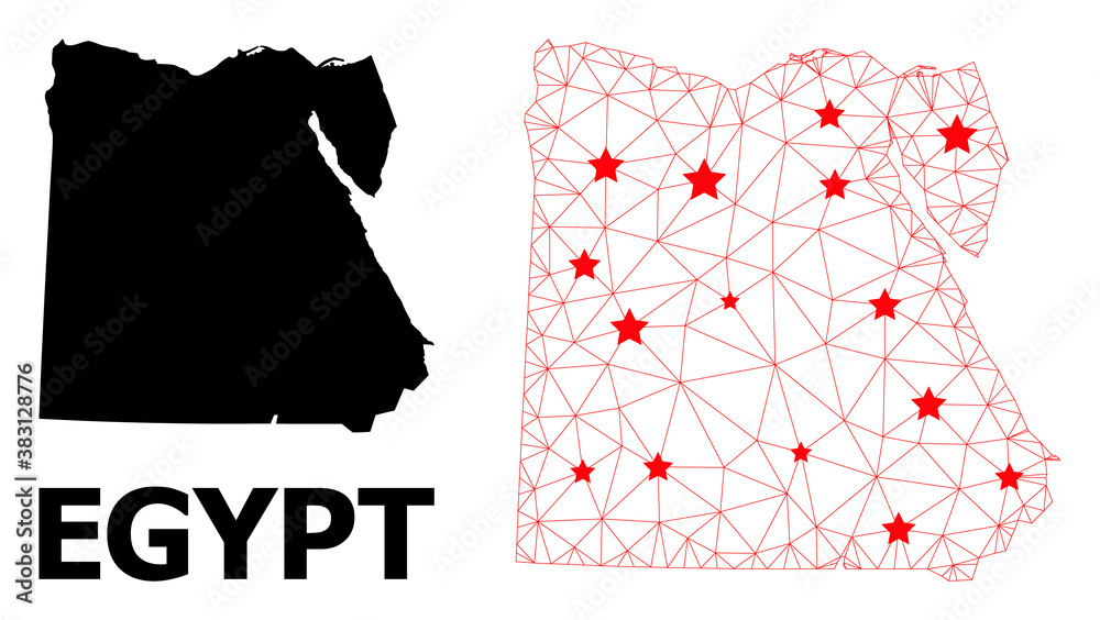 Wire frame polygonal and solid map of Egypt. Vector structure is created from map of Egypt with red stars. Abstract lines and stars are combined into map of Egypt.