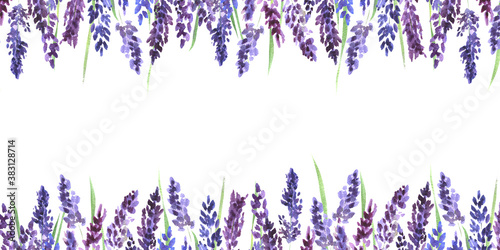 Watercolor frame with lavender flowers. Lilac lavender flowers on a white background. Illustration for postcards  banners  birthdays  weddings  gifts  decor.