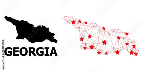 Mesh polygonal and solid map of Georgia. Vector structure is created from map of Georgia with red stars. Abstract lines and stars are combined into map of Georgia.